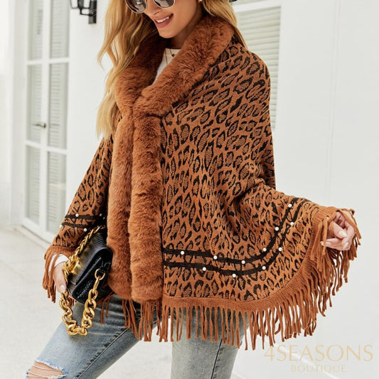 Pullovers Women Sweaters Leopard Grain Collars Tassel Hem Autumn Winters Warm Knitting Scarf Shawl