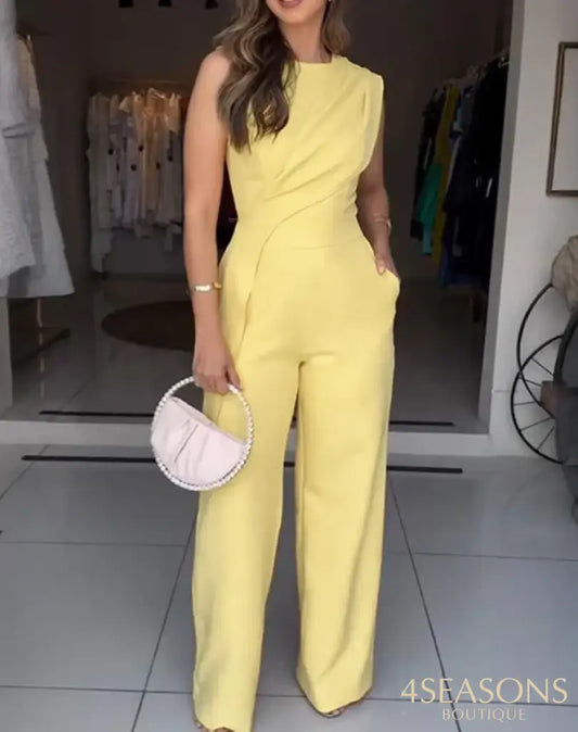 Women’s Jumpsuit Fashion 2025 New Sleeveless Ruched Irregular Jumpsuit with Pockets Simple Commuting Style Elegant