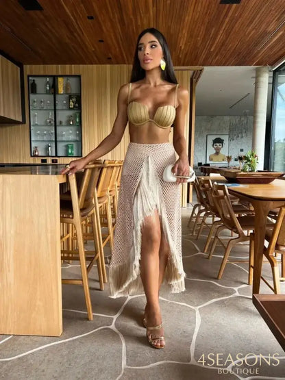 Sexy 3 Pcs Tassel Skirt Women Bikini And Underwire Swim Suit High Leg Bathing Beach Vacation Casual