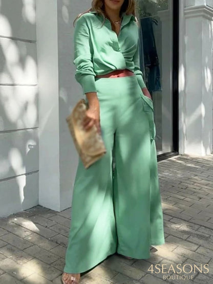 2022 New Long Sleeve Lapel V Neck Shirts + High Waist Pockets Pants Suit Lady Office Set Summer