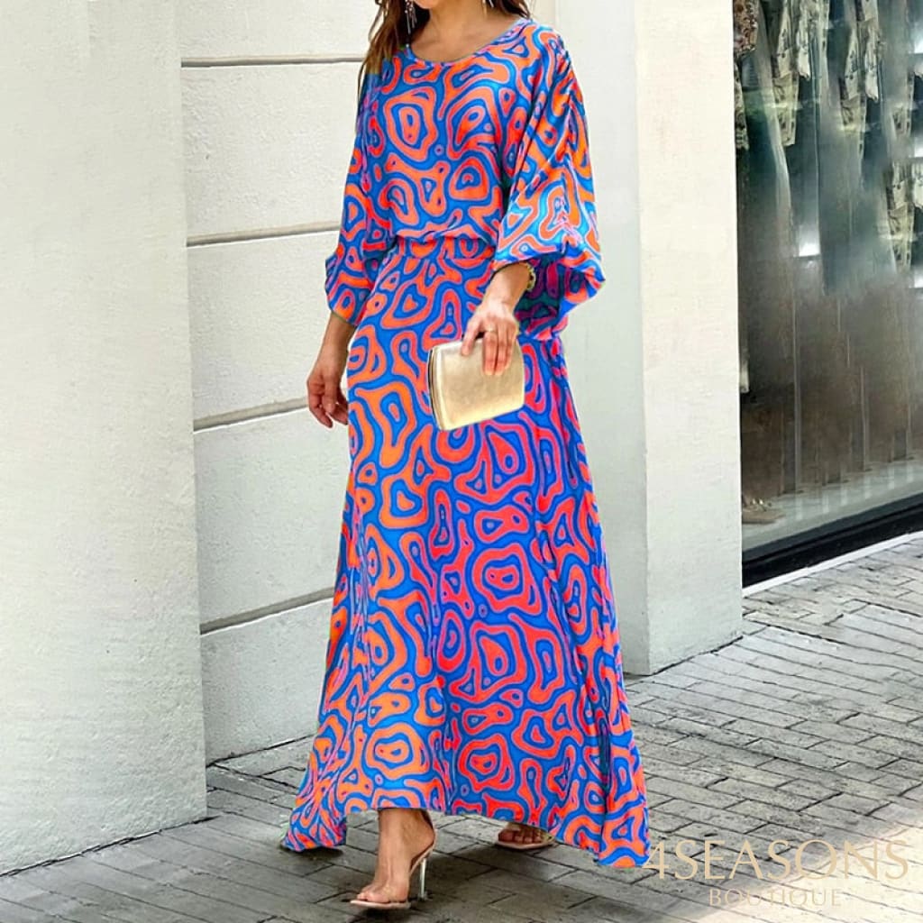 Wefads Women Two Piece Set Crew Neck Print Long Lantern Sleeve Top Elegant Dress High Streetwear