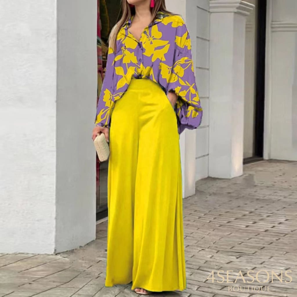 Autumn Summer Fashion Shirts Wide-Leg Pants Sets Womens Long Sleeve Casual Loose Printed Two Piece