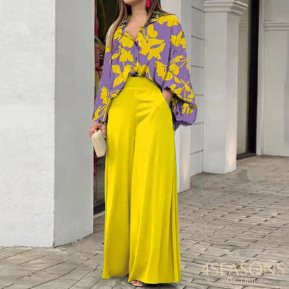 Autumn Summer Fashion Shirts Wide-Leg Pants Sets Womens Long Sleeve Casual Loose Printed Two Piece