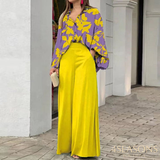 Autumn Summer Fashion Shirts Wide-Leg Pants Sets Womens Long Sleeve Casual Loose Printed Two Piece