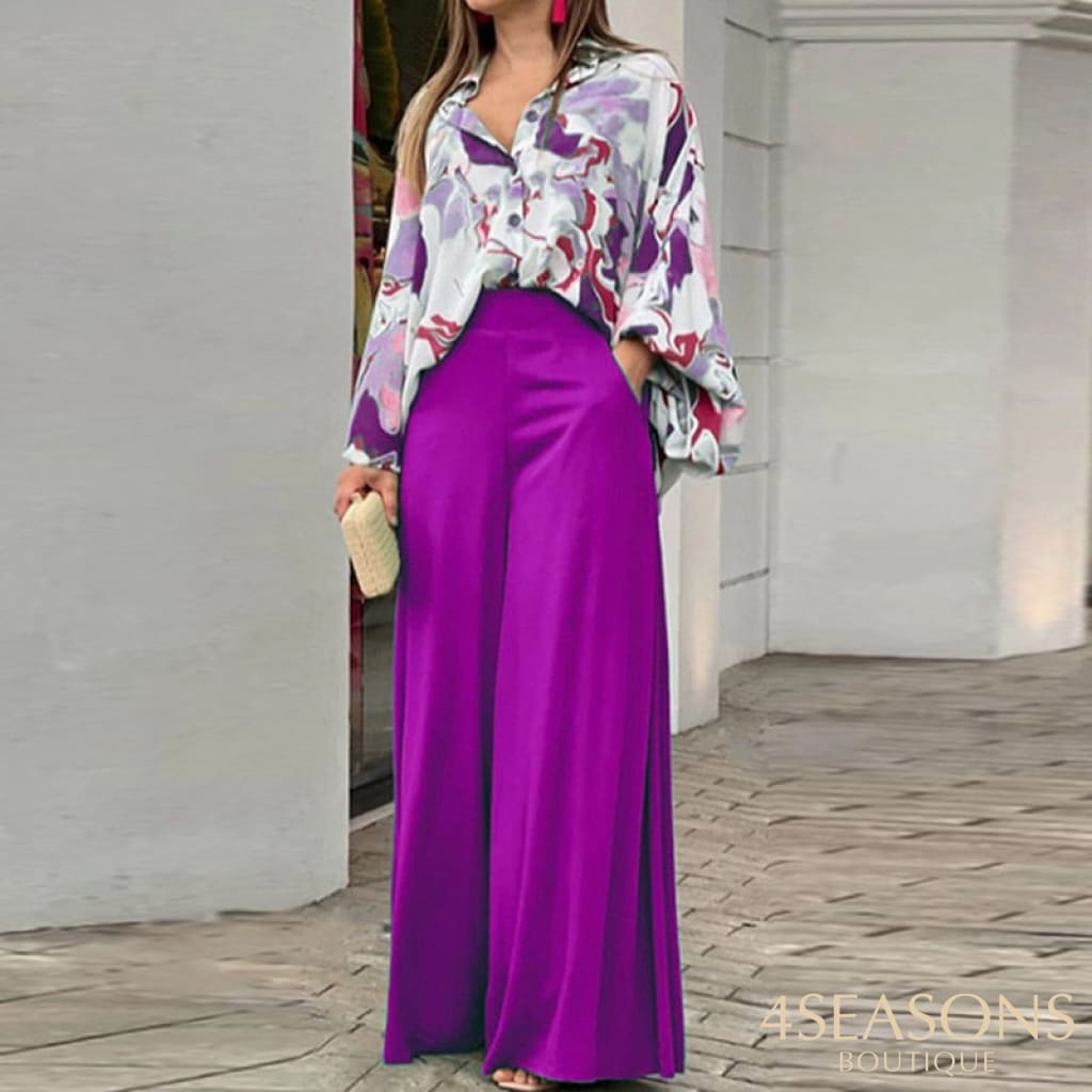 Autumn Summer Fashion Shirts Wide-Leg Pants Sets Womens Long Sleeve Casual Loose Printed Two Piece