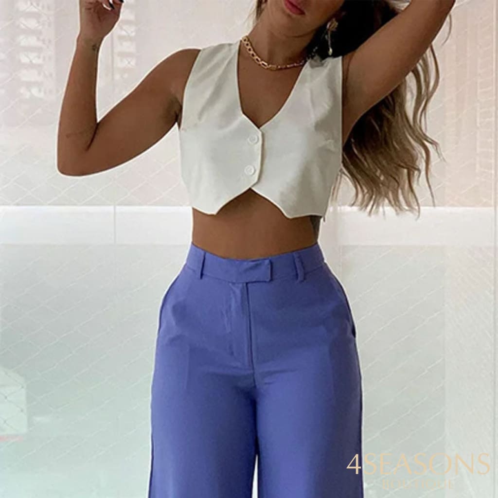 Wefads Women Two Piece Set Summer Fashion V Neck Sleeveless Single Breasted Button Vest Jacket Top