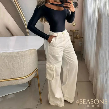 Wefads Women Two Piece Set Autumn Fashion Solid Long Sleeve Hollow Out Irregular Pullover Top Loose