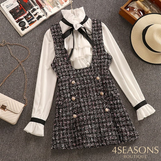 2021 Autumn Winter 2 Piece Set Overalls Dress Women Elegant Ruffles Chiffon Bow Shirt Top+Double