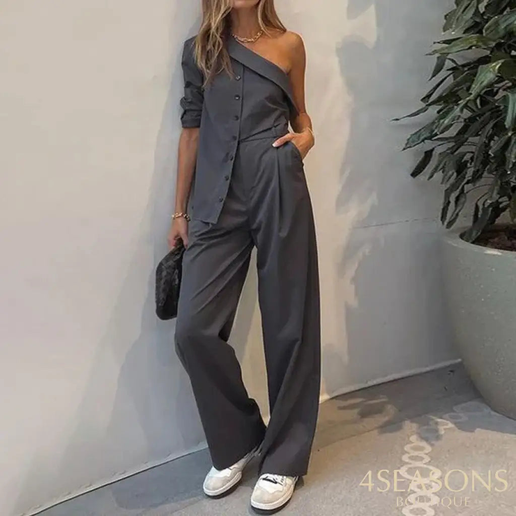 Wefads Women Two Piece Set Casual Fashion One Shoulder Long Sleeve Irregular Solid Blazer Top Loose