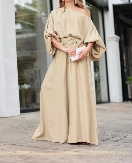 Women’s Casual Two-Piece Set Skew Neck Lantern Sleevetop&Wide Leg Pants 2024 Spring/Summer Latest