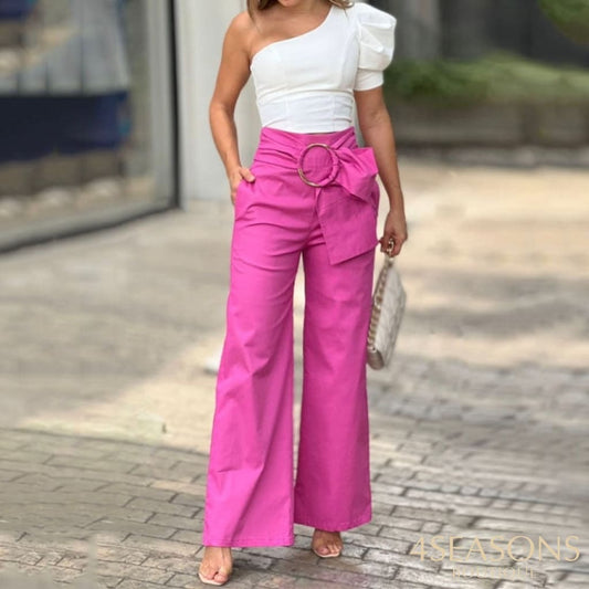 Liyong Women Two Piece Set Sexy One Shoulder Puff Sleeve Solid Color Top Loose Wide Legs Lace Up