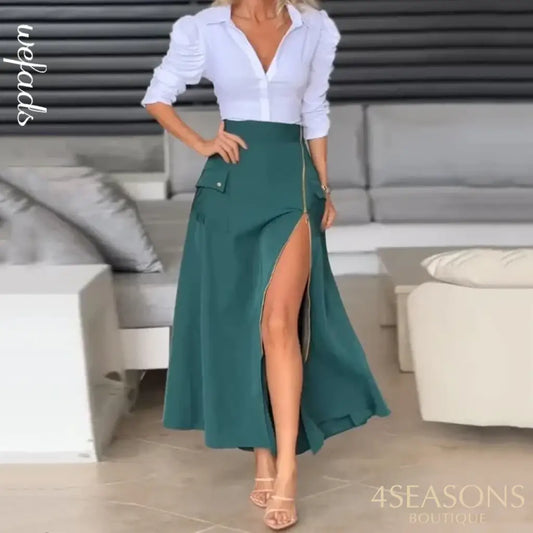 Wefads Autumn Women Two Piece Set Elegant Solid Lapel Bubble Long Sleeve Single Breasted Button