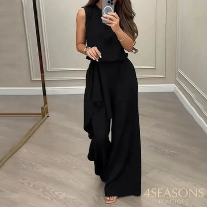 Wefads 2 Piece Set Women Fashion Casual Round Neck Solid Sleeveless Pullover Top Loose With Ruffled