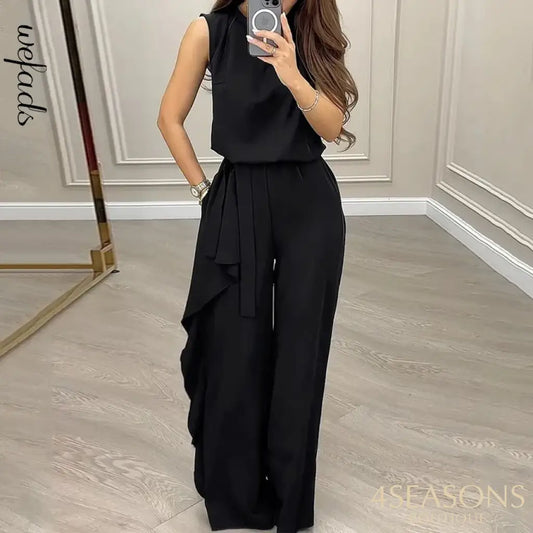 Wefads 2 Piece Set Women Fashion Casual Round Neck Solid Sleeveless Pullover Top Loose With Ruffled