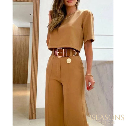 2023 Casual Women Half Sleeve Crop Top & Wide Leg Pants Set Summer Femme Office Lady Two Pieces Suit