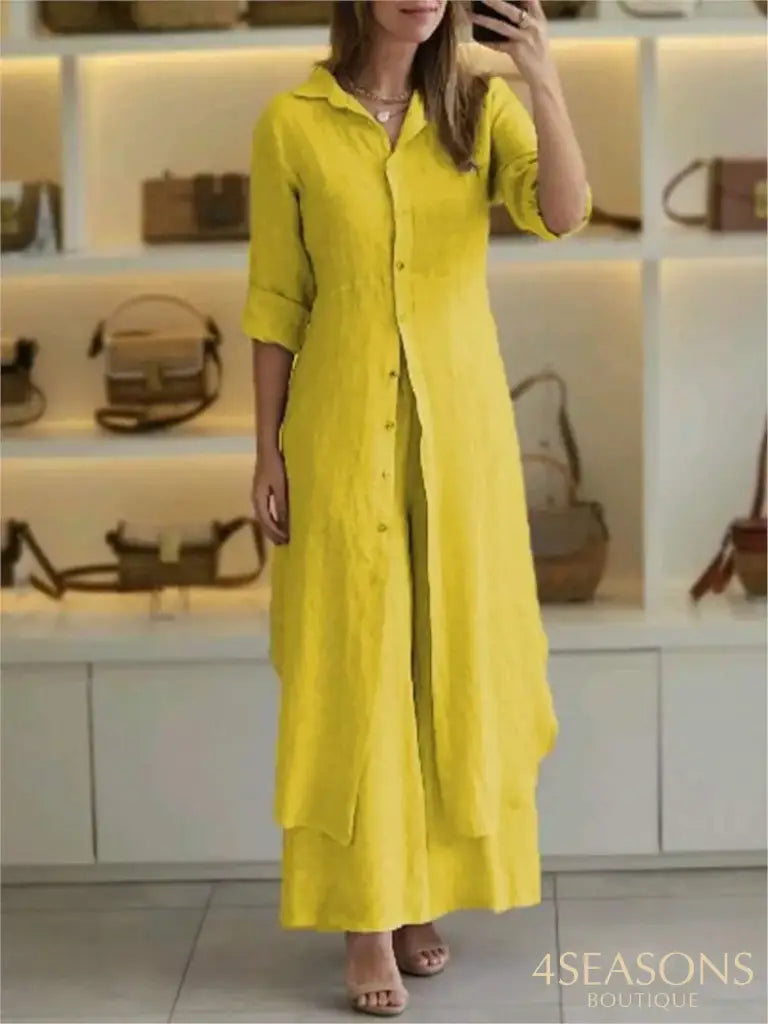 Spring Autumn Cotton Linen Loose 2 Piece Sets Casual Button Long Sleeved Women Outfit Elegant High