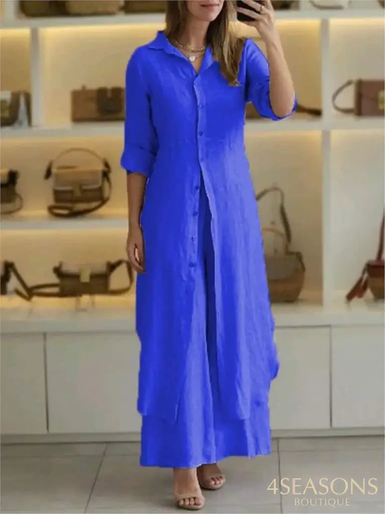 Spring Autumn Cotton Linen Loose 2 Piece Sets Casual Button Long Sleeved Women Outfit Elegant High
