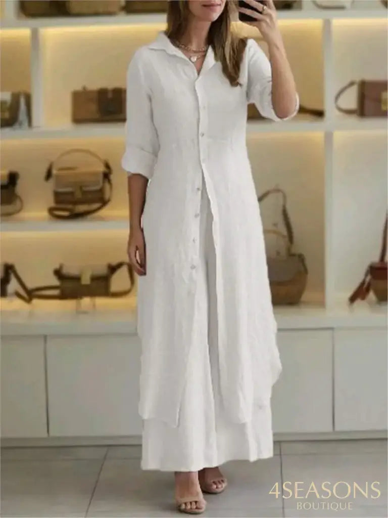 Spring Autumn Cotton Linen Loose 2 Piece Sets Casual Button Long Sleeved Women Outfit Elegant High