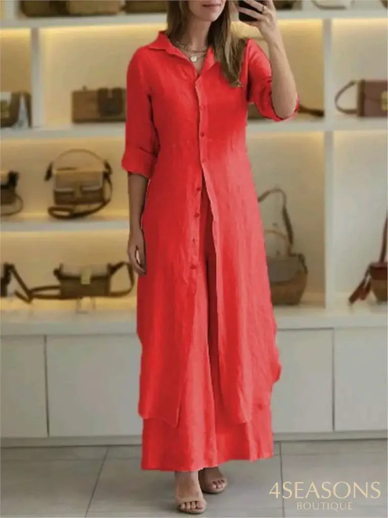 Spring Autumn Cotton Linen Loose 2 Piece Sets Casual Button Long Sleeved Women Outfit Elegant High