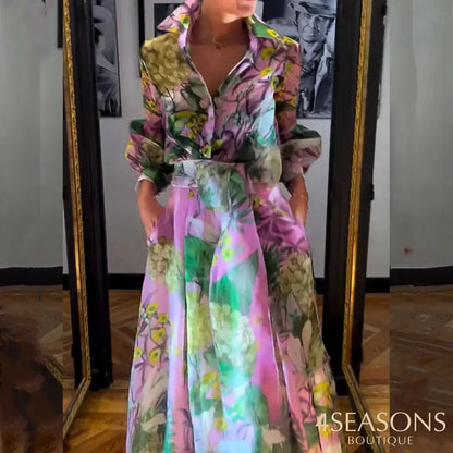 2024 Fashion Lace Up Party Outfit Elegant Pattern Print Autumn 2 Piece Sets Casual Lapel Lantern