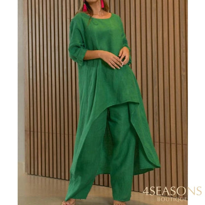 Autumn Two Piece Set Women Cotton Linen Wide Leg Pants Vintage Boho Shirt Dress Casual Loose Work