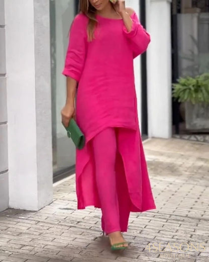 Autumn Two Piece Set Women Cotton Linen Wide Leg Pants Vintage Boho Shirt Dress Casual Loose Work