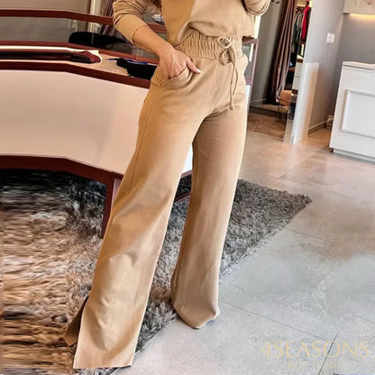 Wefads Autumn 2 Piece Set Women Casual Solid Long Sleeve Round Neck Pullover Top Loose Drawstring