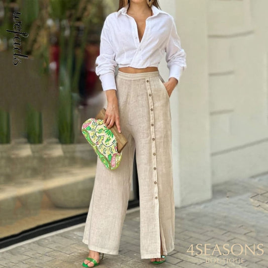 Wefads Women Two Piece Set Casual Fashion Lapel Solid Long Sleeve Nipped Waist Top Loose Wide Legs