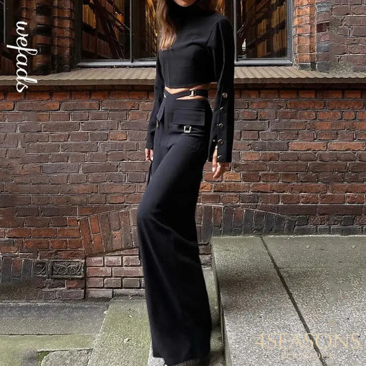 Wefads 2 Piece Set Women Fashion Solid Long Sleeve High Neck Waist With Buttons Top Crossover