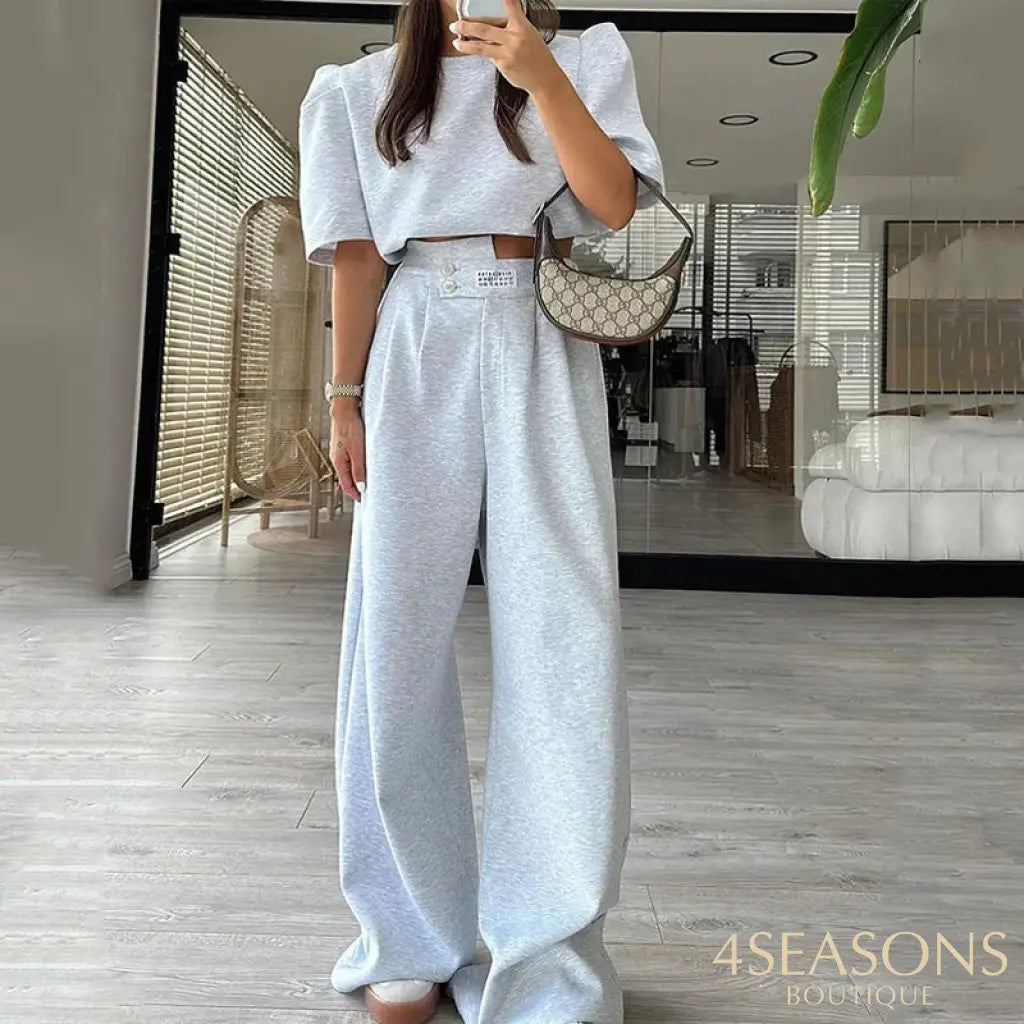 Wefads Two Piece Set Women Casual Simple Solid Short Puff Sleeve Round Neck Pullover Top Loose Wide