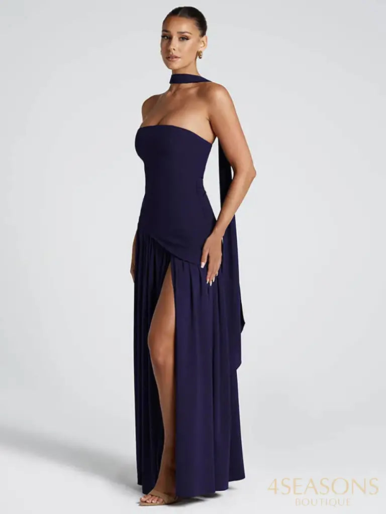 Mozision Elegant Off-shoulder Sexy Maxi Dress Women Gown Scarf Collar Strapless Sleeveless Backless High Split Long