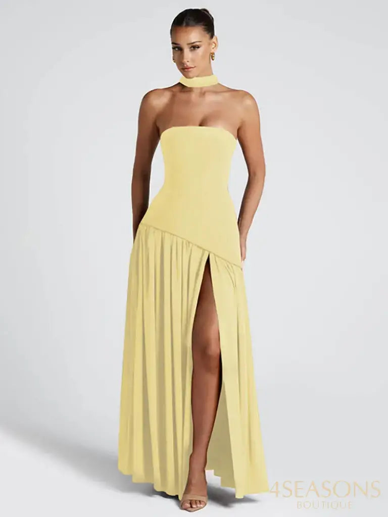 Mozision Elegant Off-shoulder Sexy Maxi Dress Women Gown Scarf Collar Strapless Sleeveless Backless High Split Long
