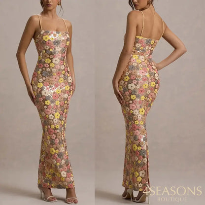Summ Women Flowers Sequin Patchwork Slim Party Long Dress Strapless Fashion Maxi Dress Sexy Sleeveless Ladies Dress