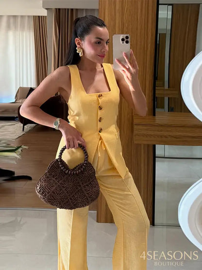Elegant Square Neck Vest Pants Set Women Sleeveless Button Strap Top Drawstring Loose Trousers 2025 Summer Fashion