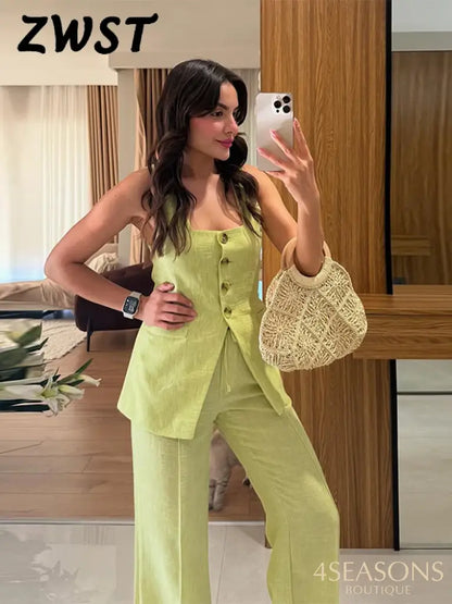 Elegant Square Neck Vest Pants Set Women Sleeveless Button Strap Top Drawstring Loose Trousers 2025 Summer Fashion
