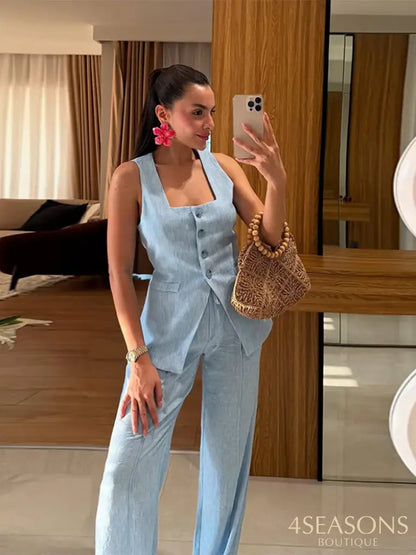 Elegant Square Neck Vest Pants Set Women Sleeveless Button Strap Top Drawstring Loose Trousers 2025 Summer Fashion