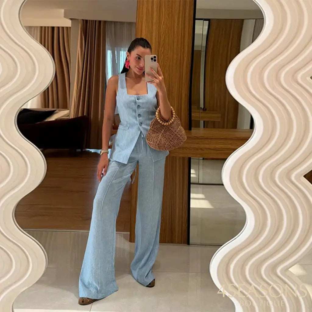 Elegant Square Neck Vest Pants Set Women Sleeveless Button Strap Top Drawstring Loose Trousers 2025 Summer Fashion