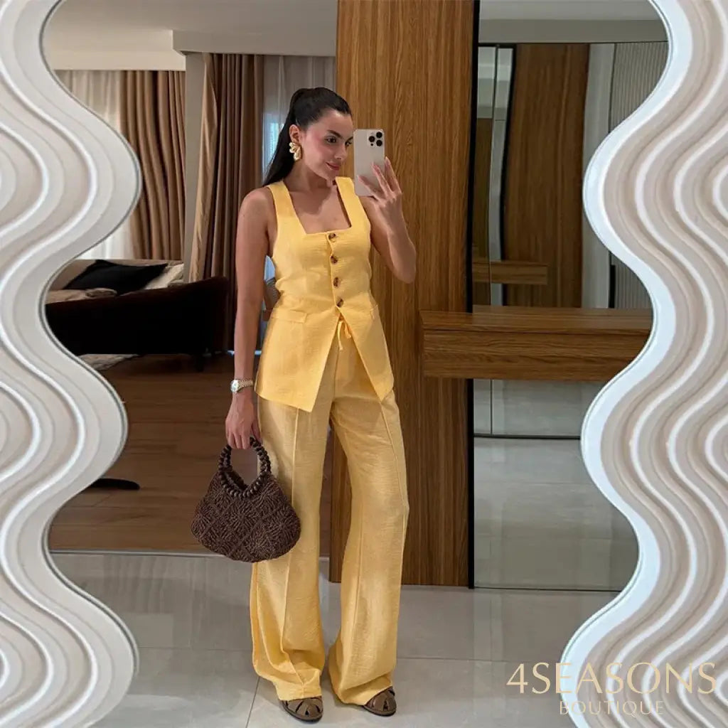 Elegant Square Neck Vest Pants Set Women Sleeveless Button Strap Top Drawstring Loose Trousers 2025 Summer Fashion