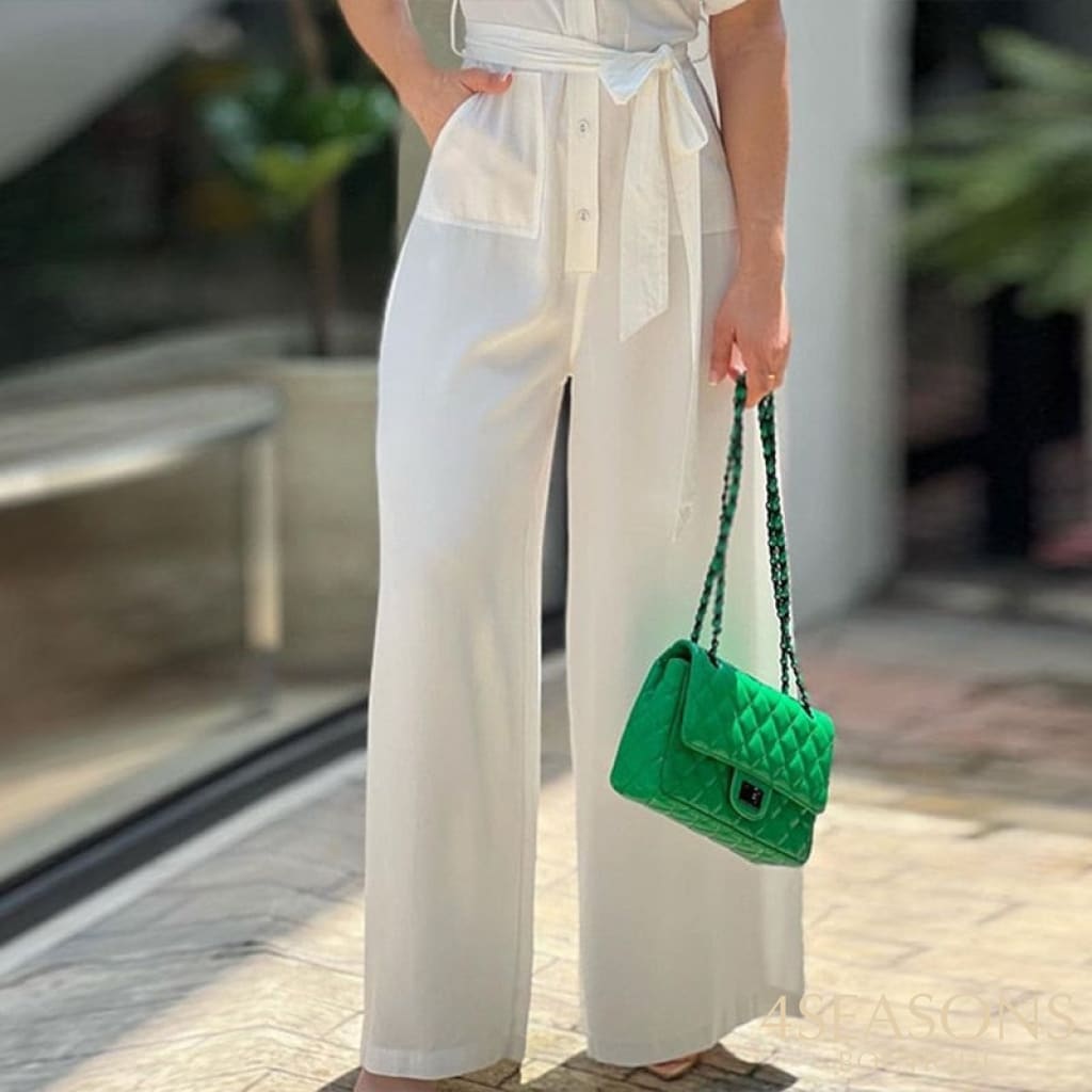 Wefads Women Jumpsuit Casual Fashion Lapel Solid Short Sleeve Nipped Waist Tip Up Long Loose Wide