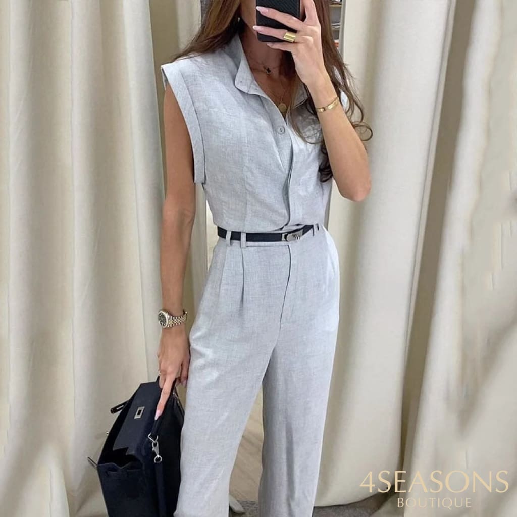 Liyong Women Two Piece Set Summer Fashion Solid V Neck Sleeveless Top Casual Loose With Pockets