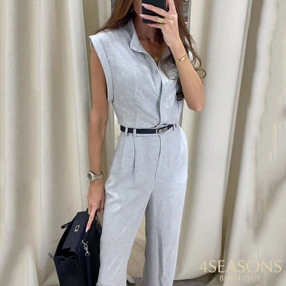 Liyong Women Two Piece Set Summer Fashion Solid V Neck Sleeveless Top Casual Loose With Pockets