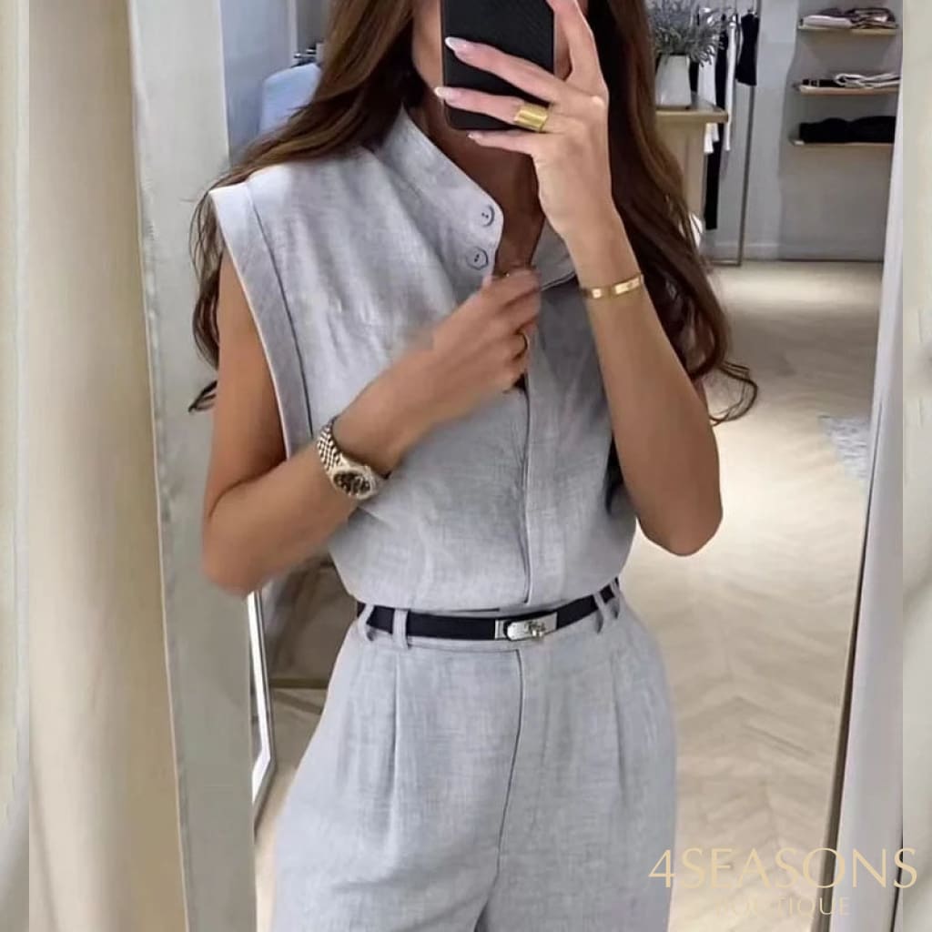 Liyong Women Two Piece Set Summer Fashion Solid V Neck Sleeveless Top Casual Loose With Pockets