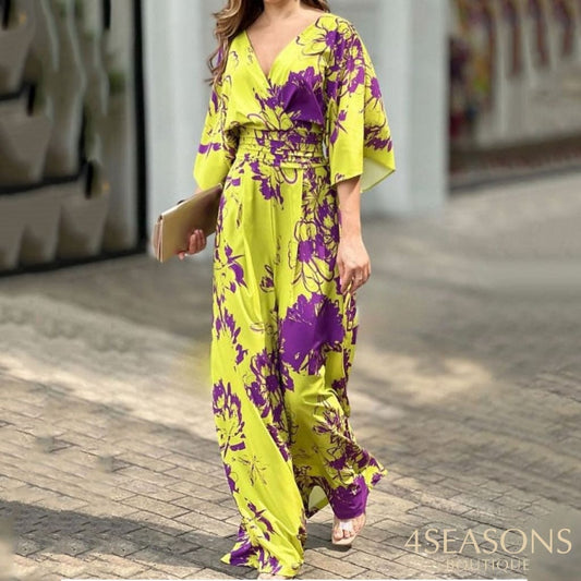 Liyong Women Jumpsuit Summer Short Bat Sleeve V Neck Backless Nipped Waist Loose Wide Legs Casual