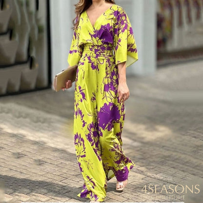 Liyong Women Jumpsuit Summer Short Bat Sleeve V Neck Backless Nipped Waist Loose Wide Legs Casual