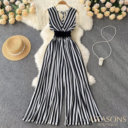 Long Jumpsuit Summer Woman Temperament V-Neck Chiffon Striped Waist New Korean Version Sleeveless