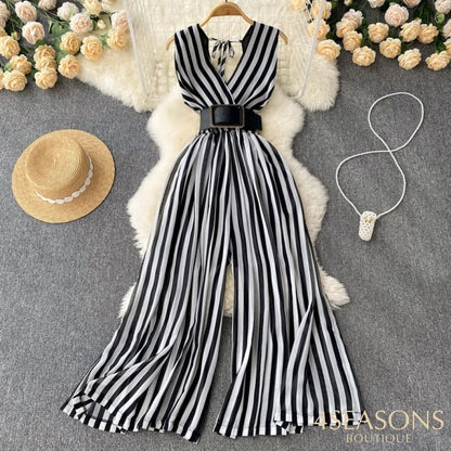 Long Jumpsuit Summer Woman Temperament V-Neck Chiffon Striped Waist New Korean Version Sleeveless