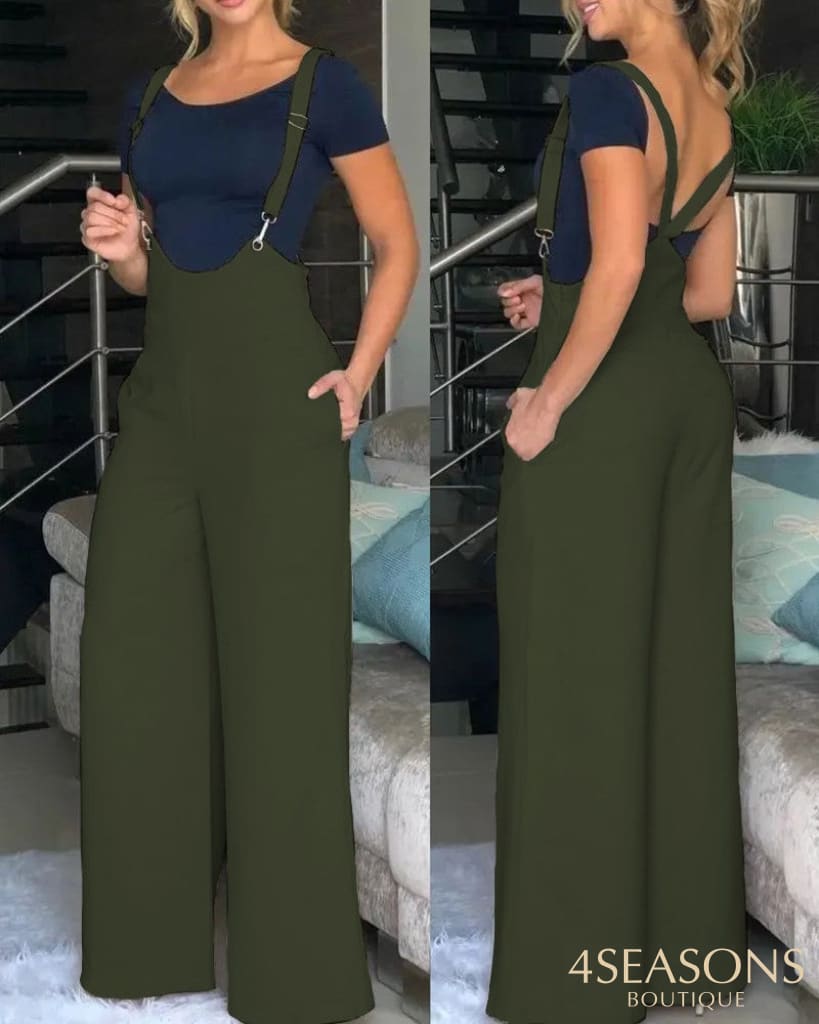 Spring Summer Casual Solid Strap Jumpsuit Women Fashion High Waist Wide Leg Bodysuit Army Green / S