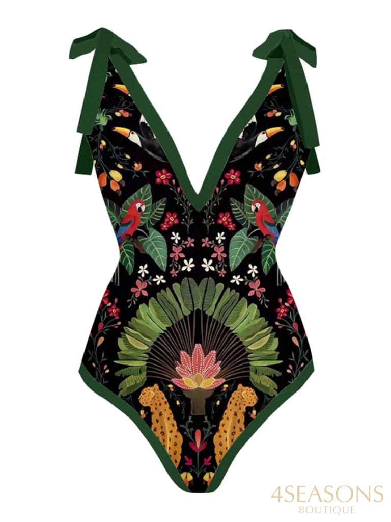Vintage Print Deep V One Piece Swimsuit Set Two Pieces Biquini Naranja 2022 Women&#39;s Cover Up