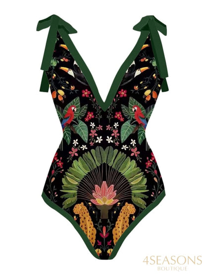 Vintage Print Deep V One Piece Swimsuit Set Two Pieces Biquini Naranja 2022 Women&#39;s Cover Up