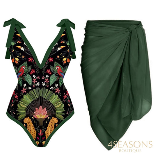 Vintage Print Deep V One Piece Swimsuit Set Two Pieces Biquini Naranja 2022 Women&#39;s Cover Up